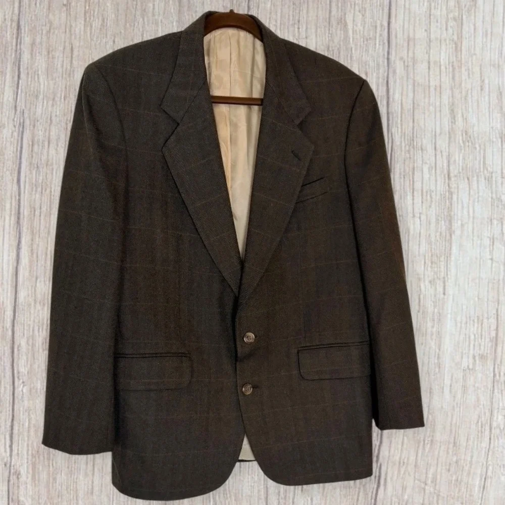 Oscar de la Renta Mens Brown Windowpane Plaid Blazer Sport Coat 40R